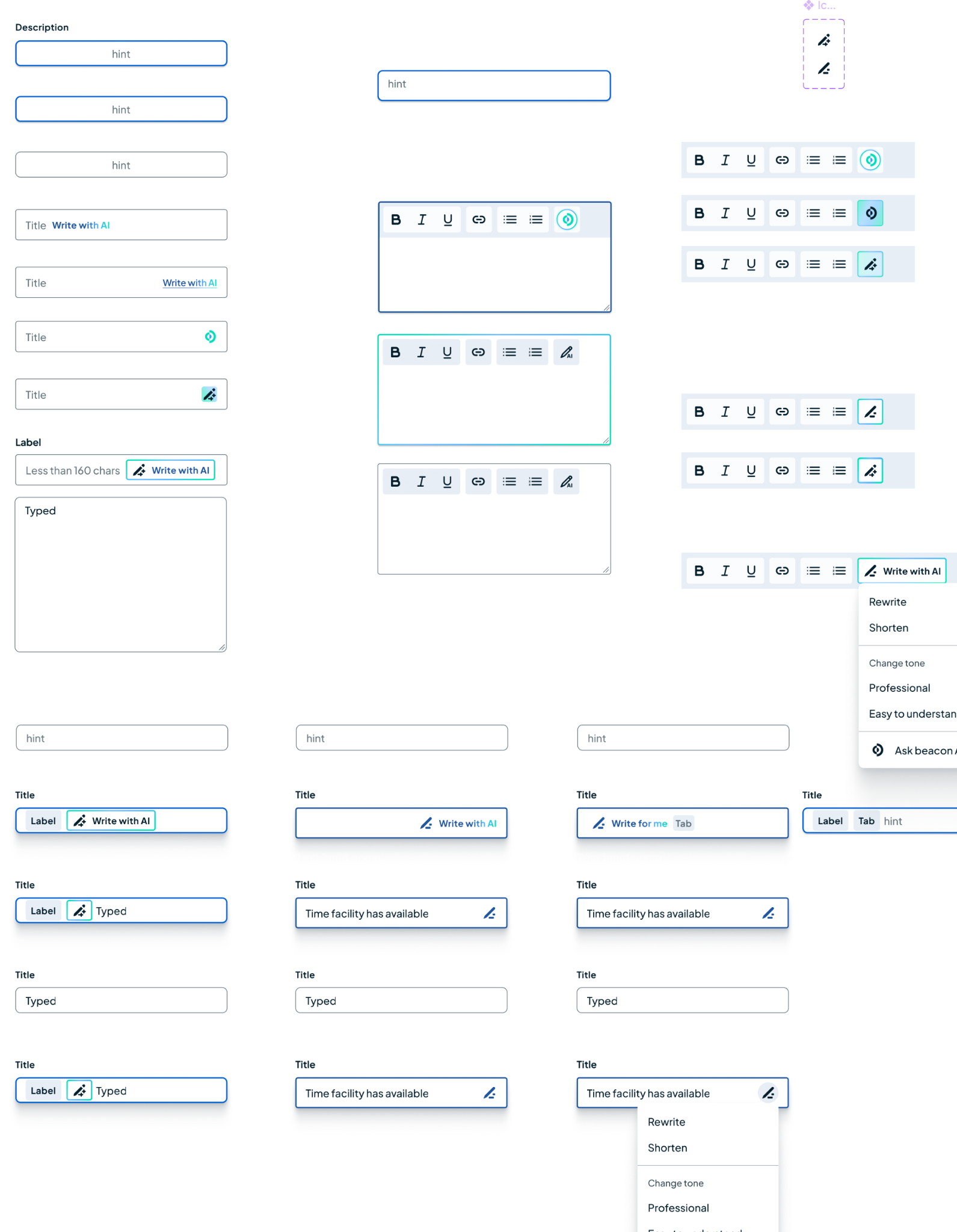 Figma explorations for adding Write with AI actions.