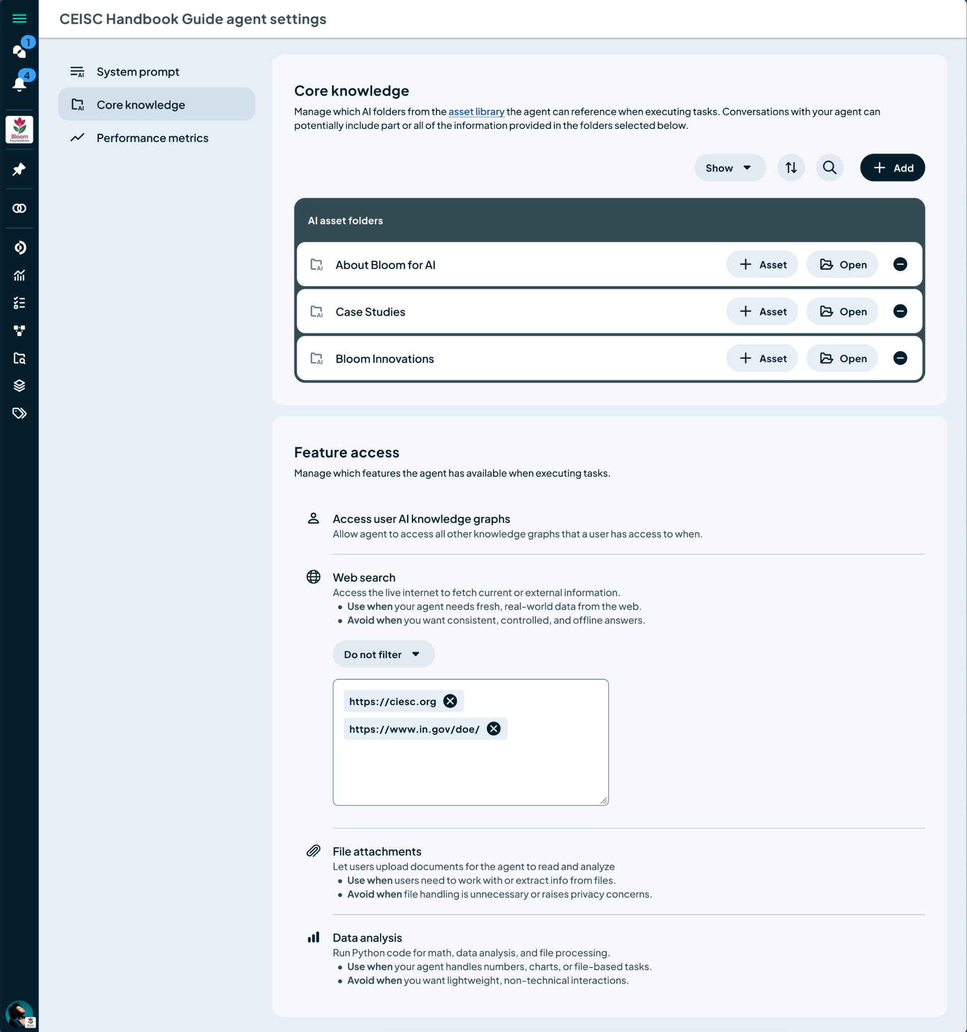 AI agent settings for core knowledge and feature access.