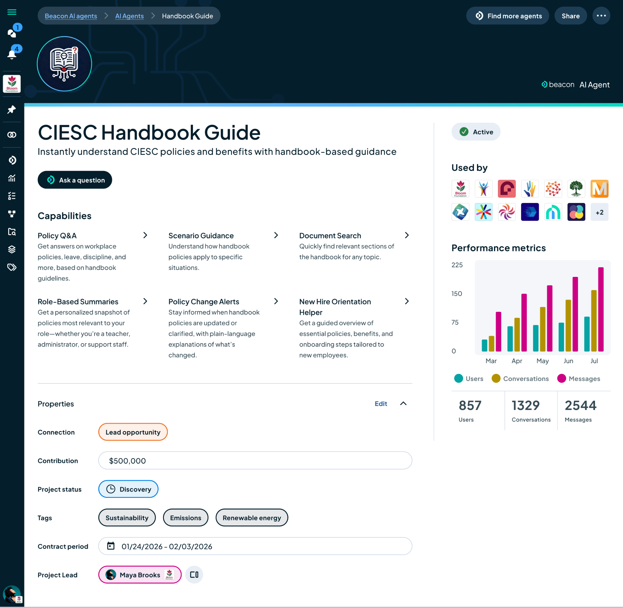 Full AI agent profile with capabilities, usage and metrics.