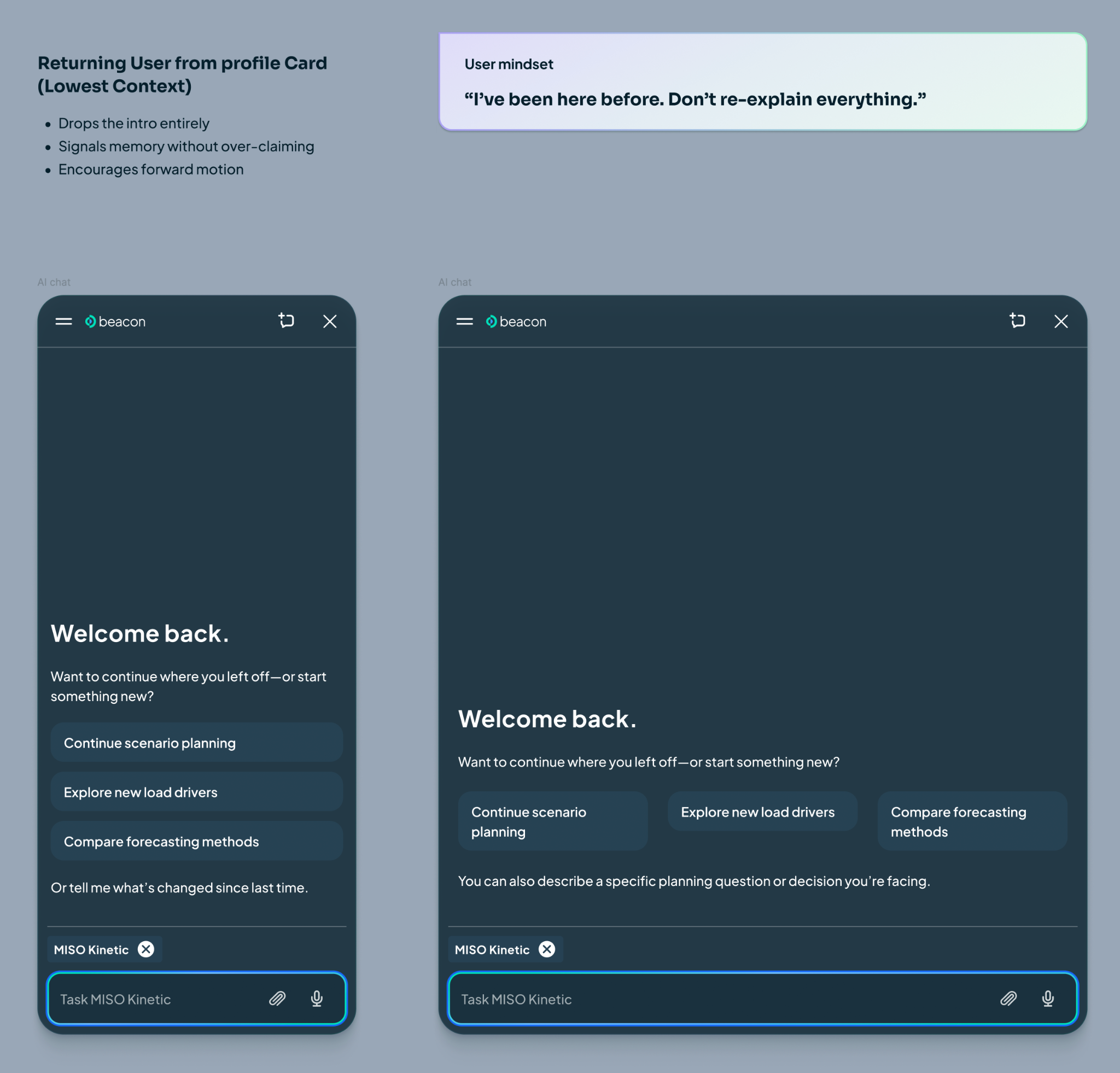 Returning-user Beacon welcome.
