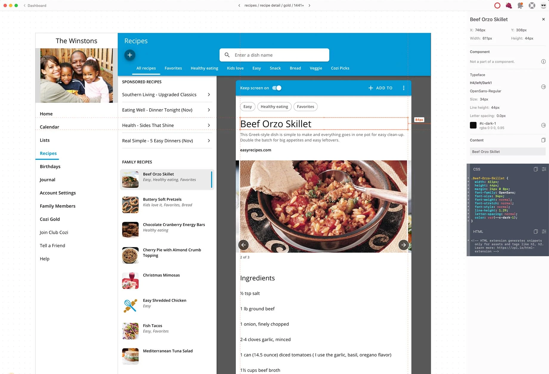 Cozi desktop recipe design in Zeplin alongside component measurements and implementation specifications
